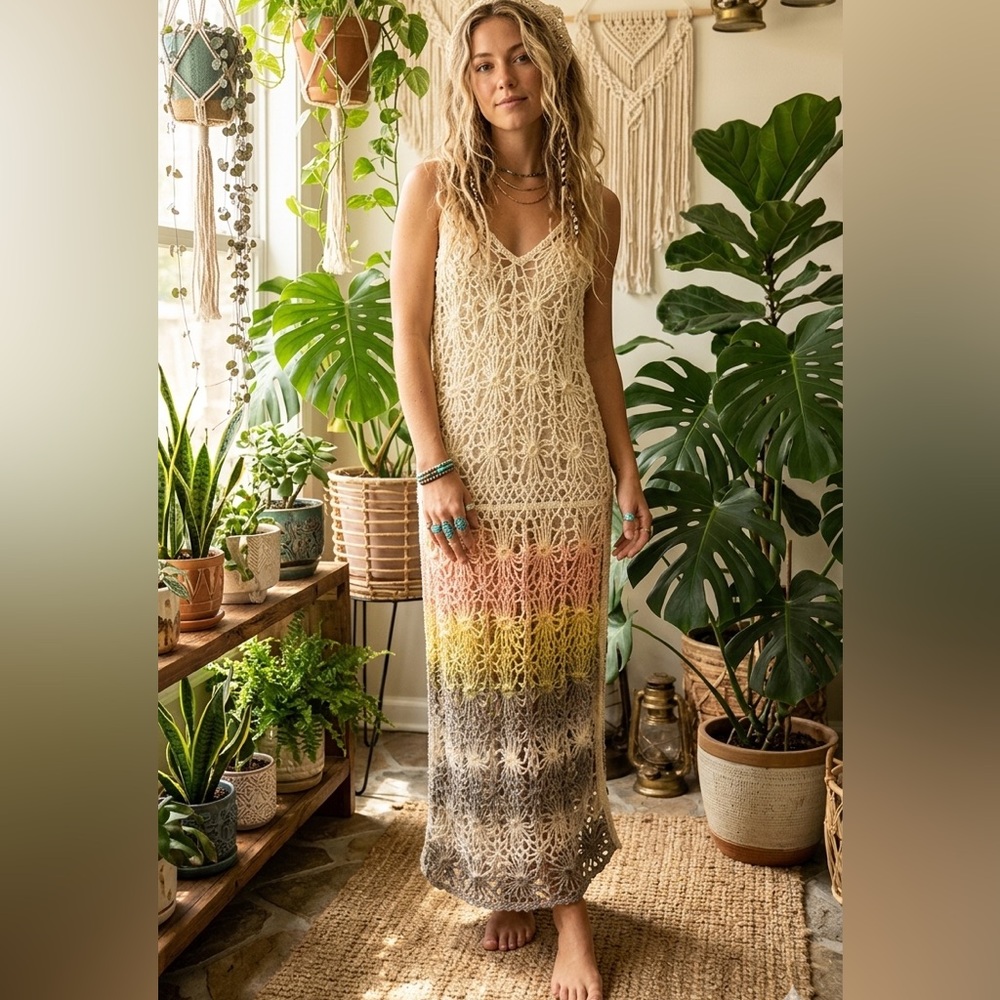 $99 NWOT POL Bohemian Floral Crochet Maxi Dress – Sunset Ombré S